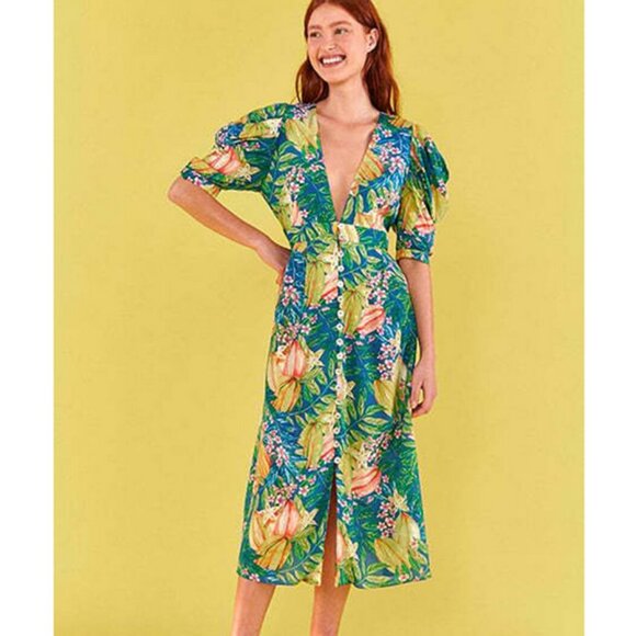Farm Rio Star Fruit Puff Sleeve Midi Dress Size L NWT - Picture 2 of 15